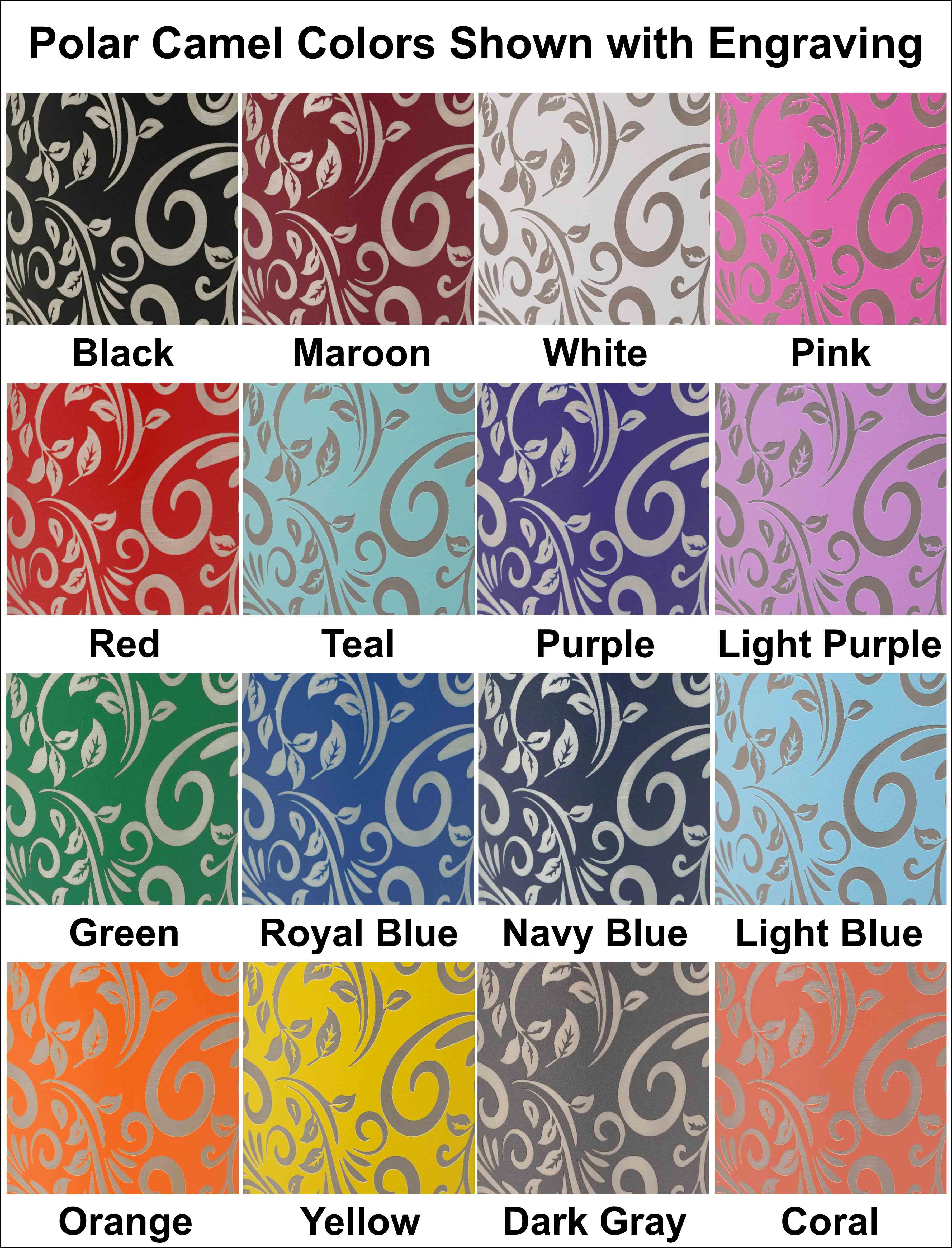 Polar Camel water bottle colors shown laser engraved with tooled leather design in each color.