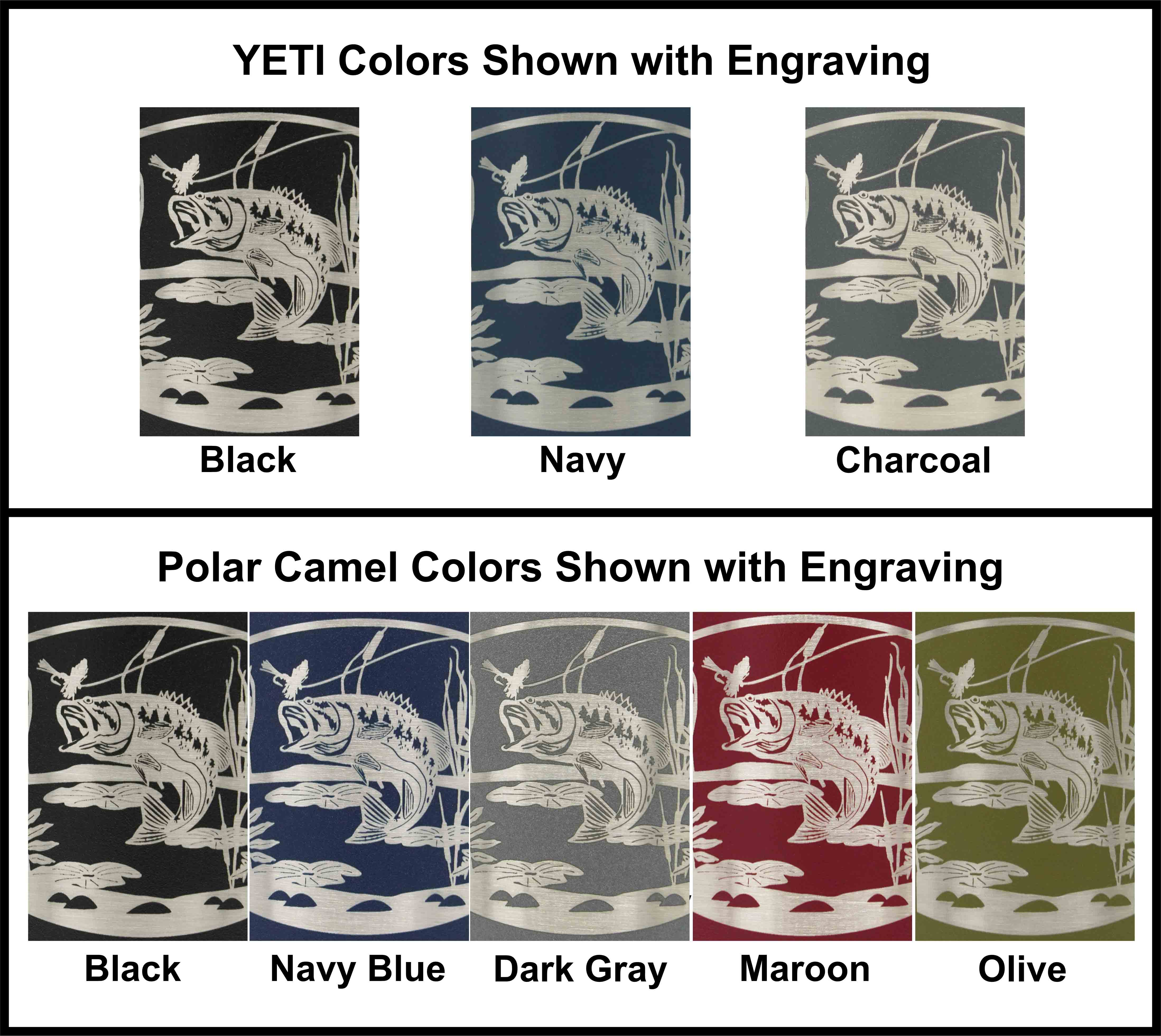 Laser engraved bass fishing scene shown in all YETI and Polar Camel colors.