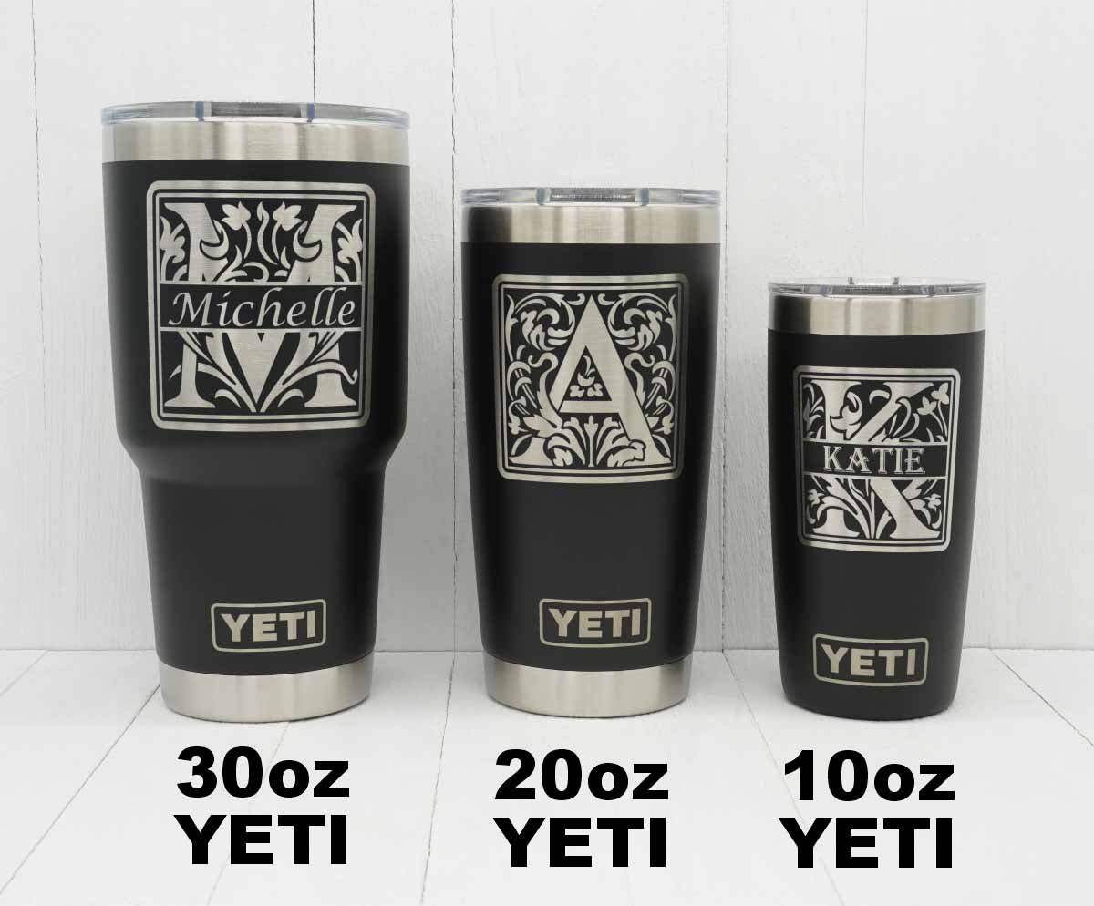 Visual comparison showing 30oz Yeti, 20oz Yeti and 10oz Yeti engraved with floral patterned monogram initials.