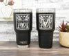 30oz Yeti and Polar Camel tumblers with floral patterned monogram initials, shown with both the design only and with a name added.