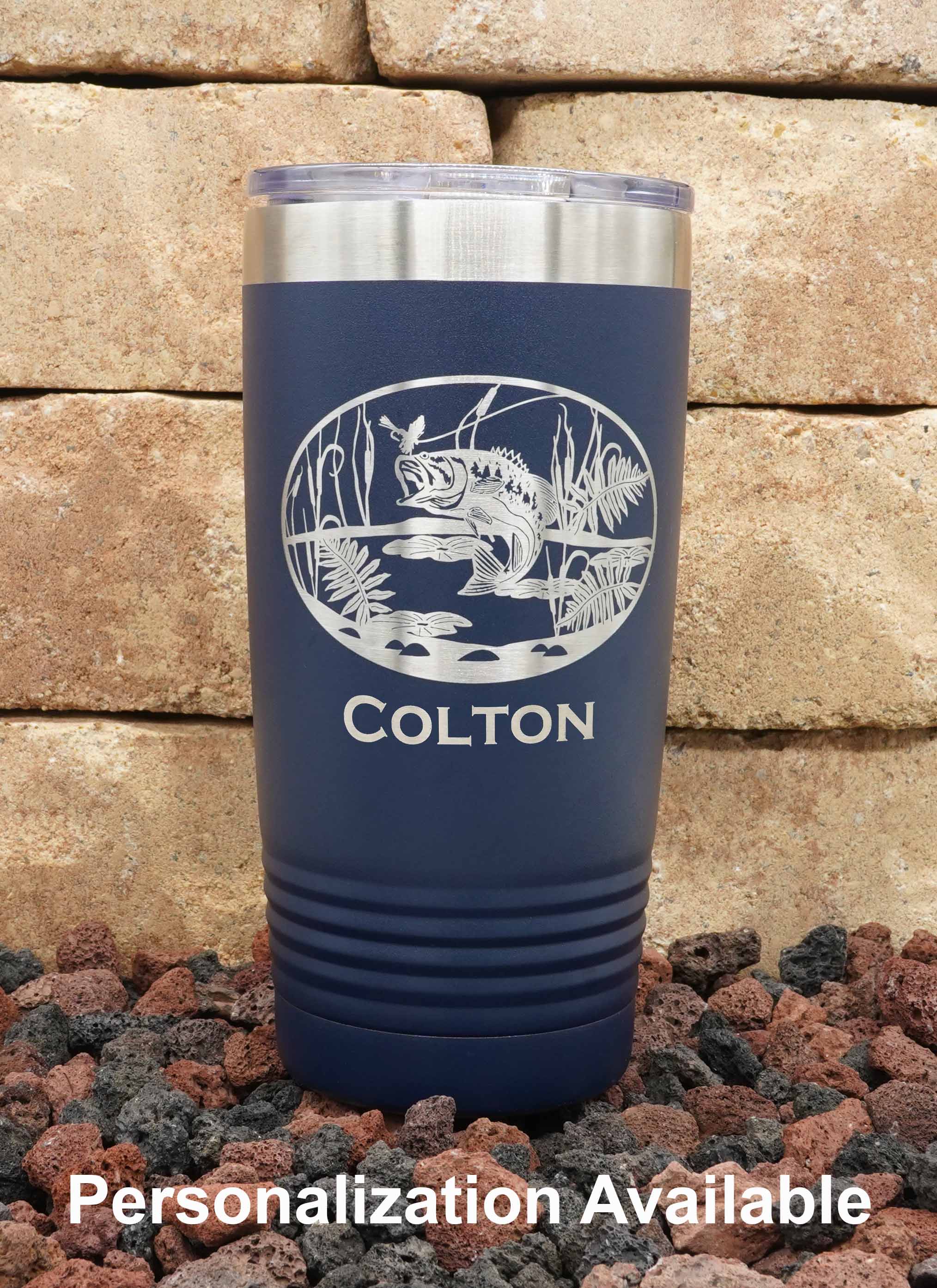 20oz Polar Camel laser engraved with bass fishing scene, shown with personalized name added.