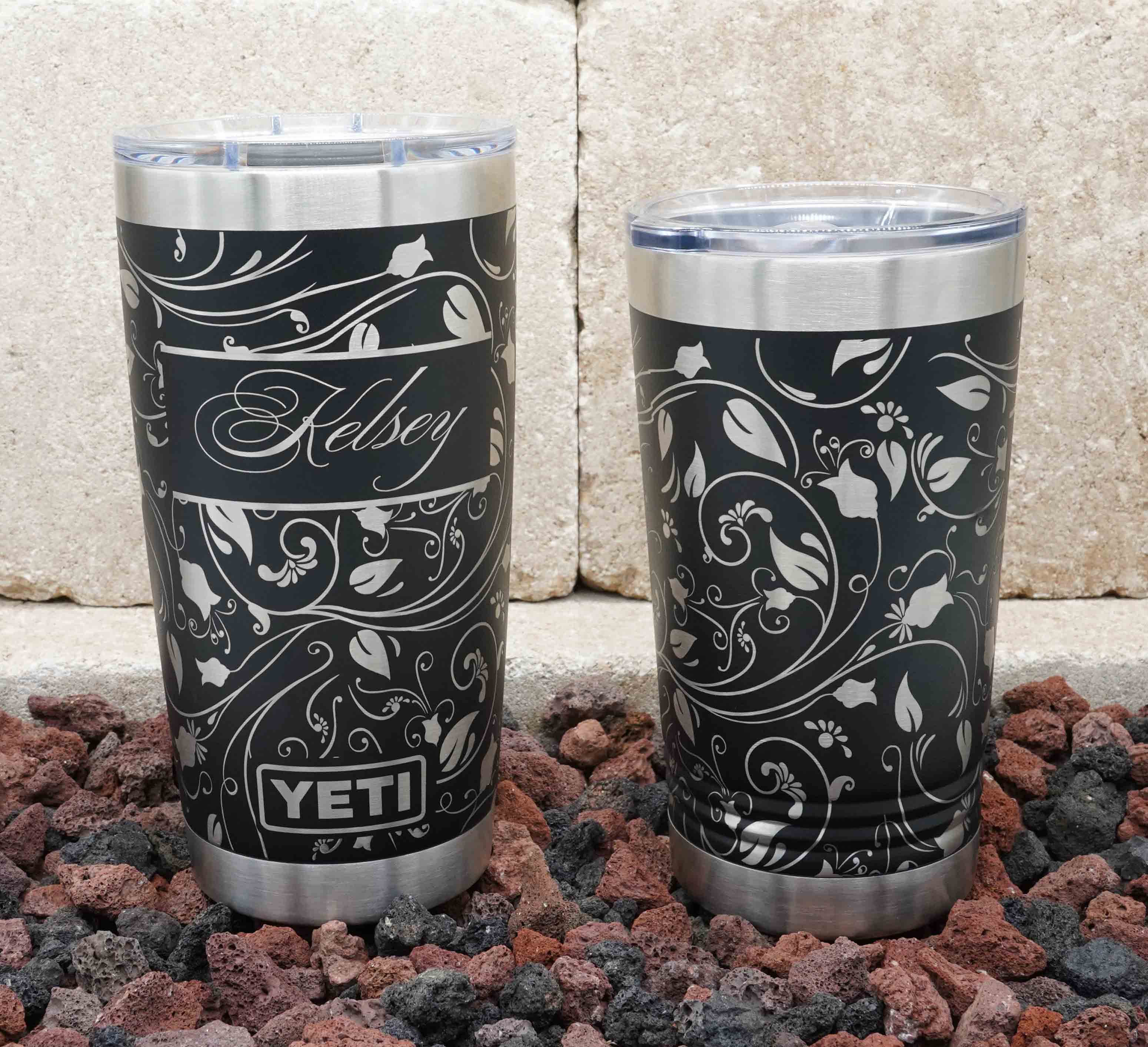 Laser Engraved YETI® or Polar Camel Tumbler with Flowering Vine Wrap-Around  Design