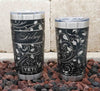 Yeti and Polar Camel tumblers laser engraved all the way around the tumbler with a flowering vine pattern for a 360 degree full wrap around design. Personalization optional.