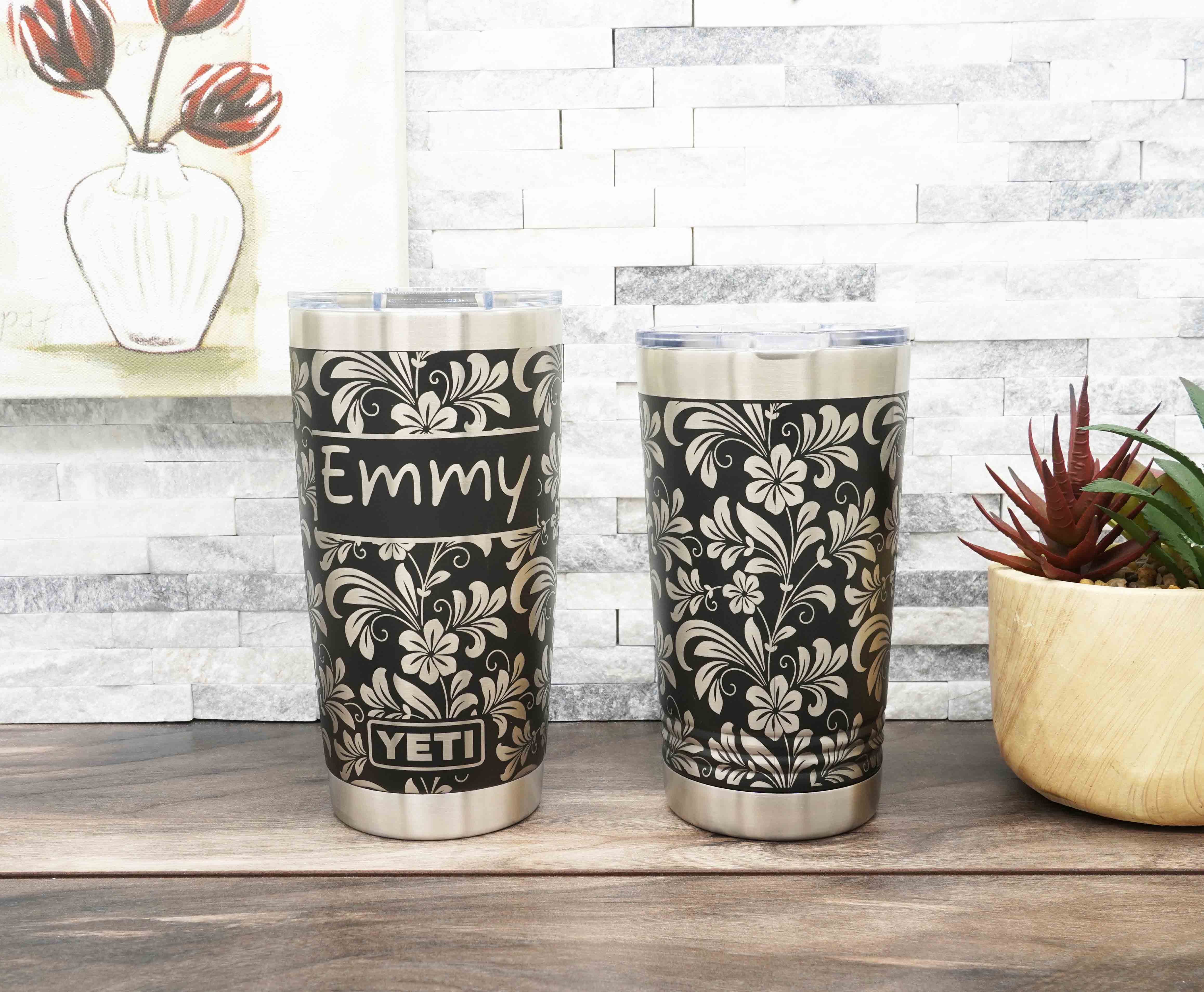 Yeti and Polar Camel tumblers laser engraved all the way around the tumbler with a hibiscus flower pattern for a 360 degree full wrap around design. Personalization optional.