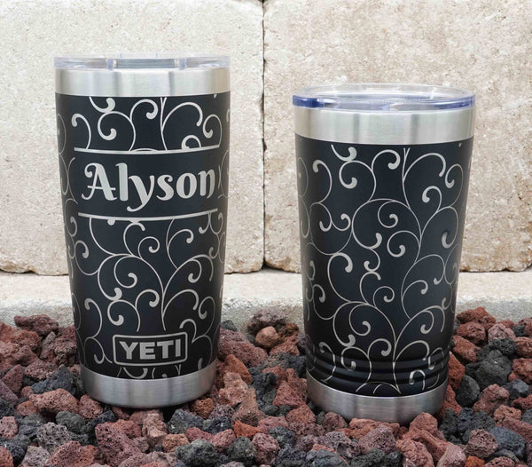 Yeti and Polar Camel tumblers laser engraved all the way around the tumbler with a swirl pattern for a 360 degree full wrap around design. Personalization optional.
