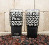 Yeti and Polar Camel tumblers laser engraved with Tire Track Wrap-Around Pattern shown with design only and with a name added. Personalization Optional.