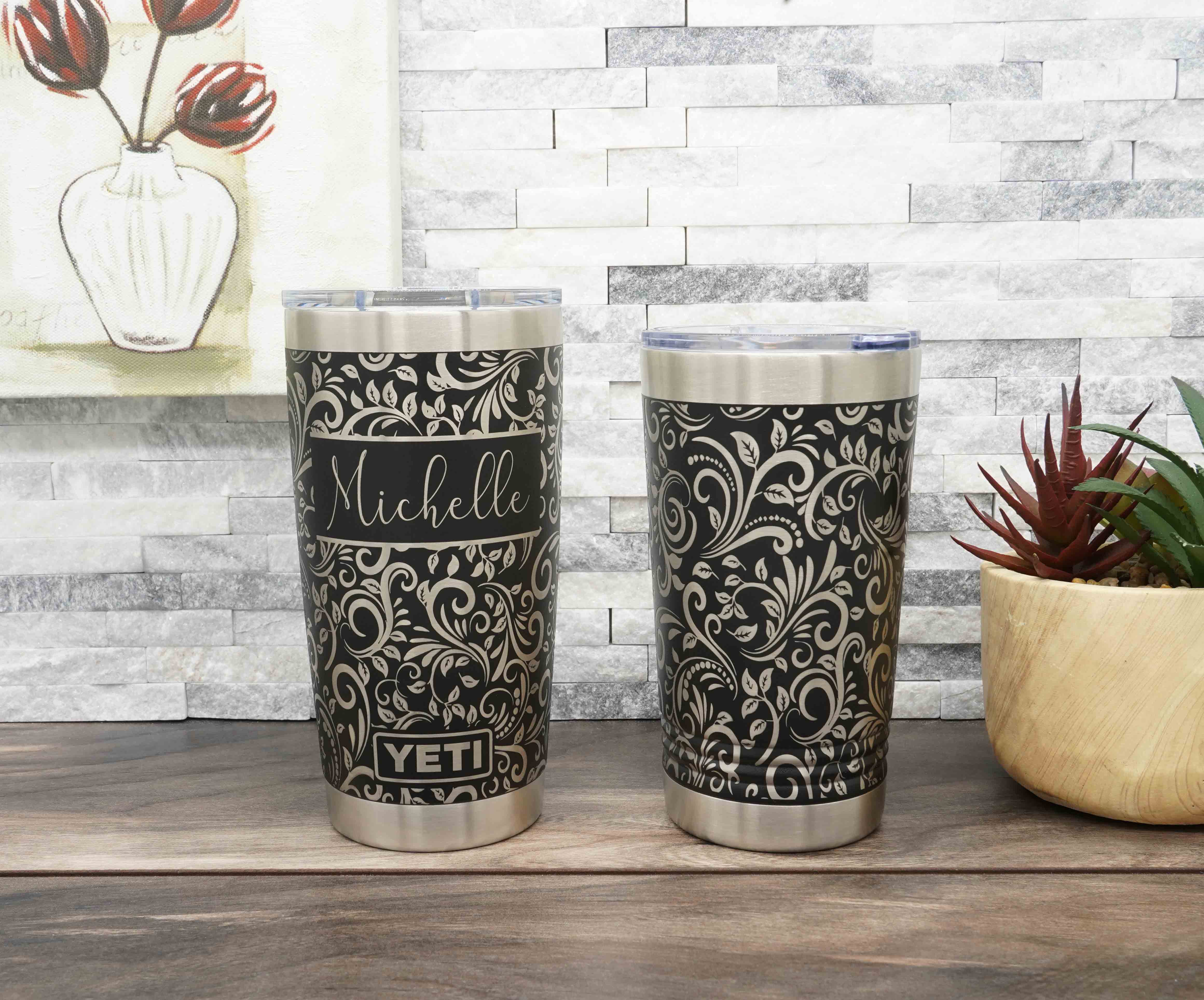 Yeti and Polar Camel tumblers laser engraved all the way around the tumbler with a tooled leather pattern for a 360 degree full wrap around design. Personalization optional.