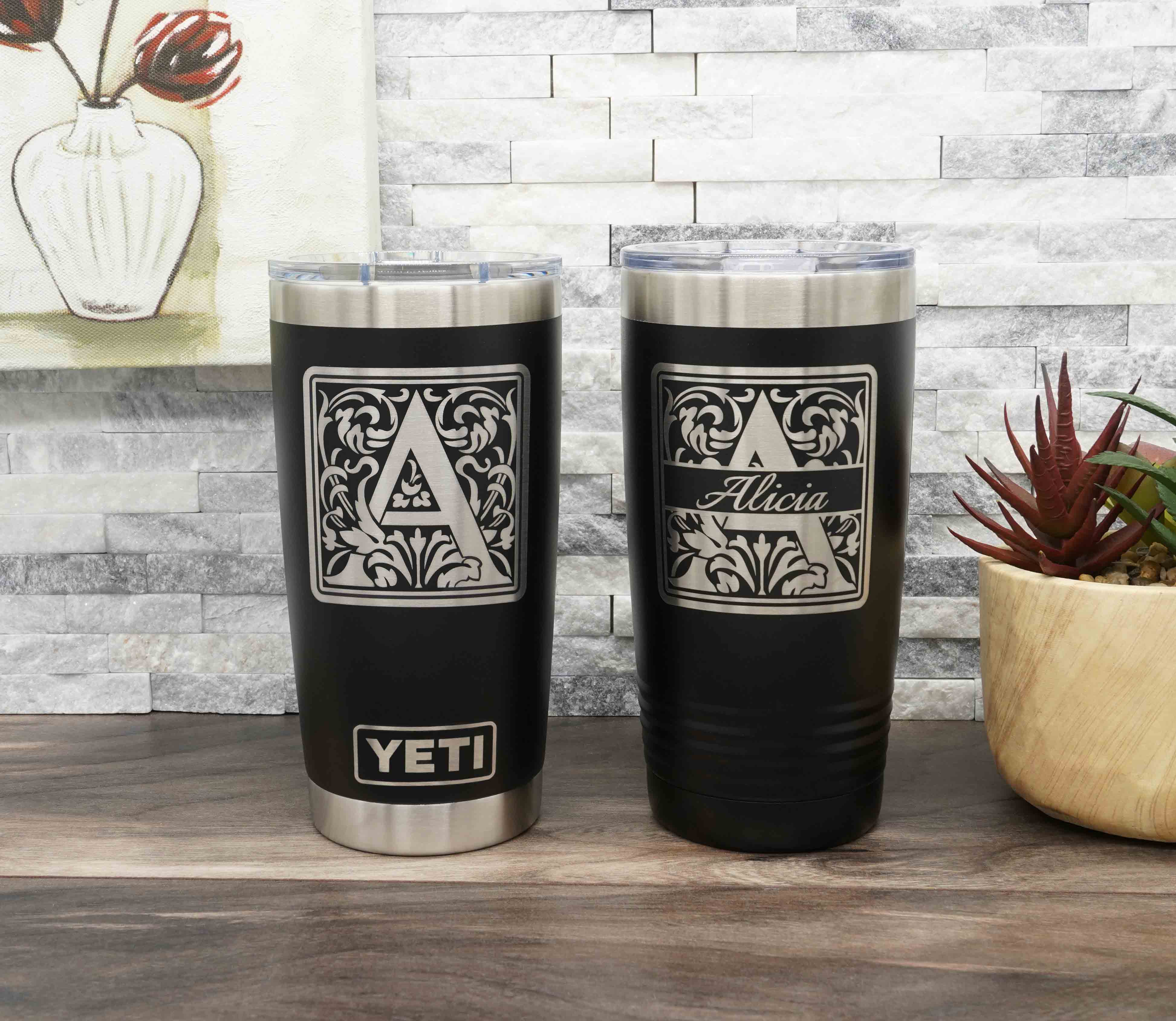 20oz Yeti and Polar Camel tumblers with floral patterned monogram initials, shown with both the design only and with a name added.