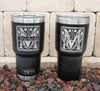 30oz Yeti and Polar Camel tumblers with floral patterned monogram initials, shown with both the design only and with a name added.