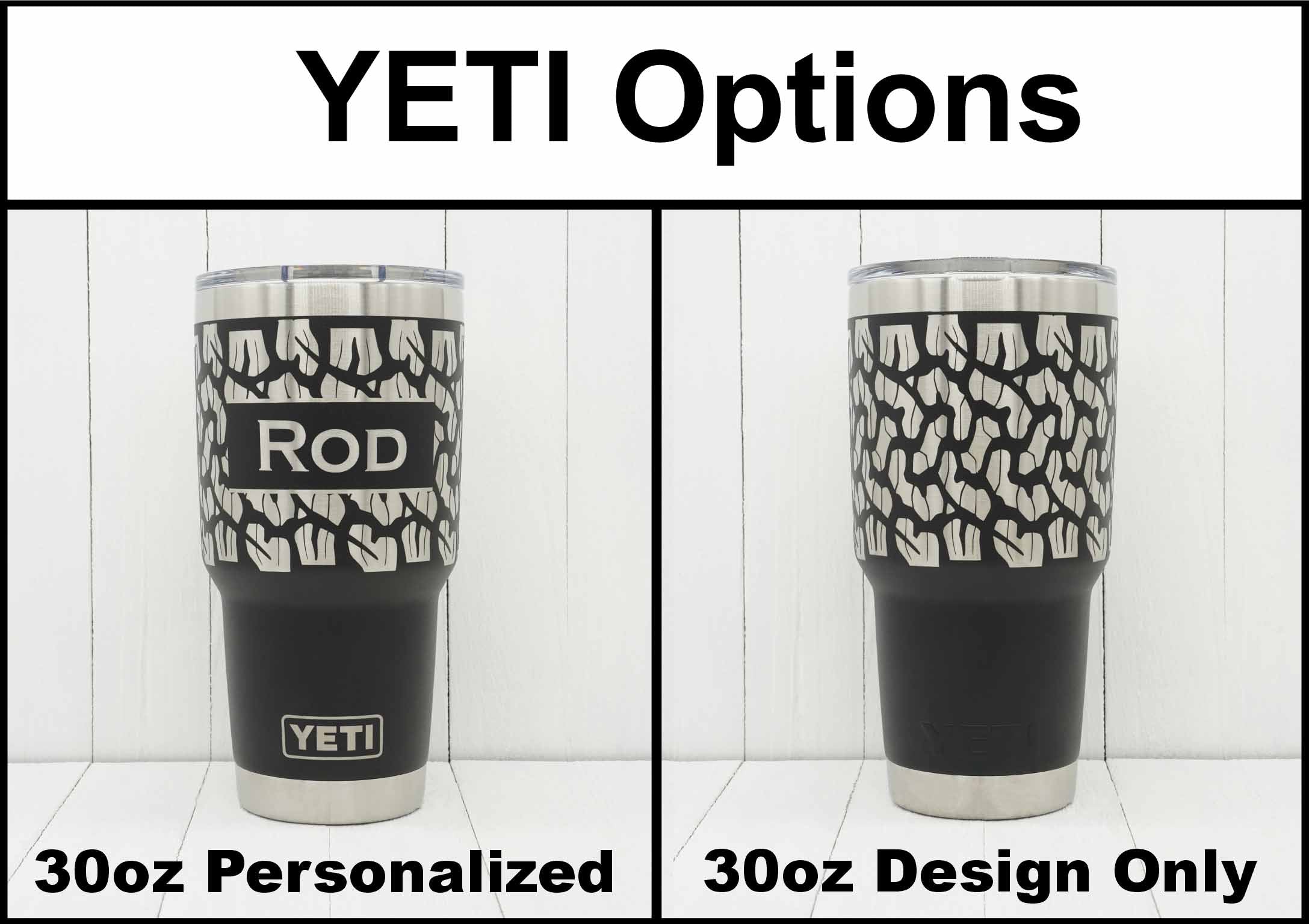 Yeti tumblers showing laser engraving with tire track pattern both with the design only and with a name added.