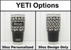 Yeti tumblers showing laser engraving with tire track pattern both with the design only and with a name added.